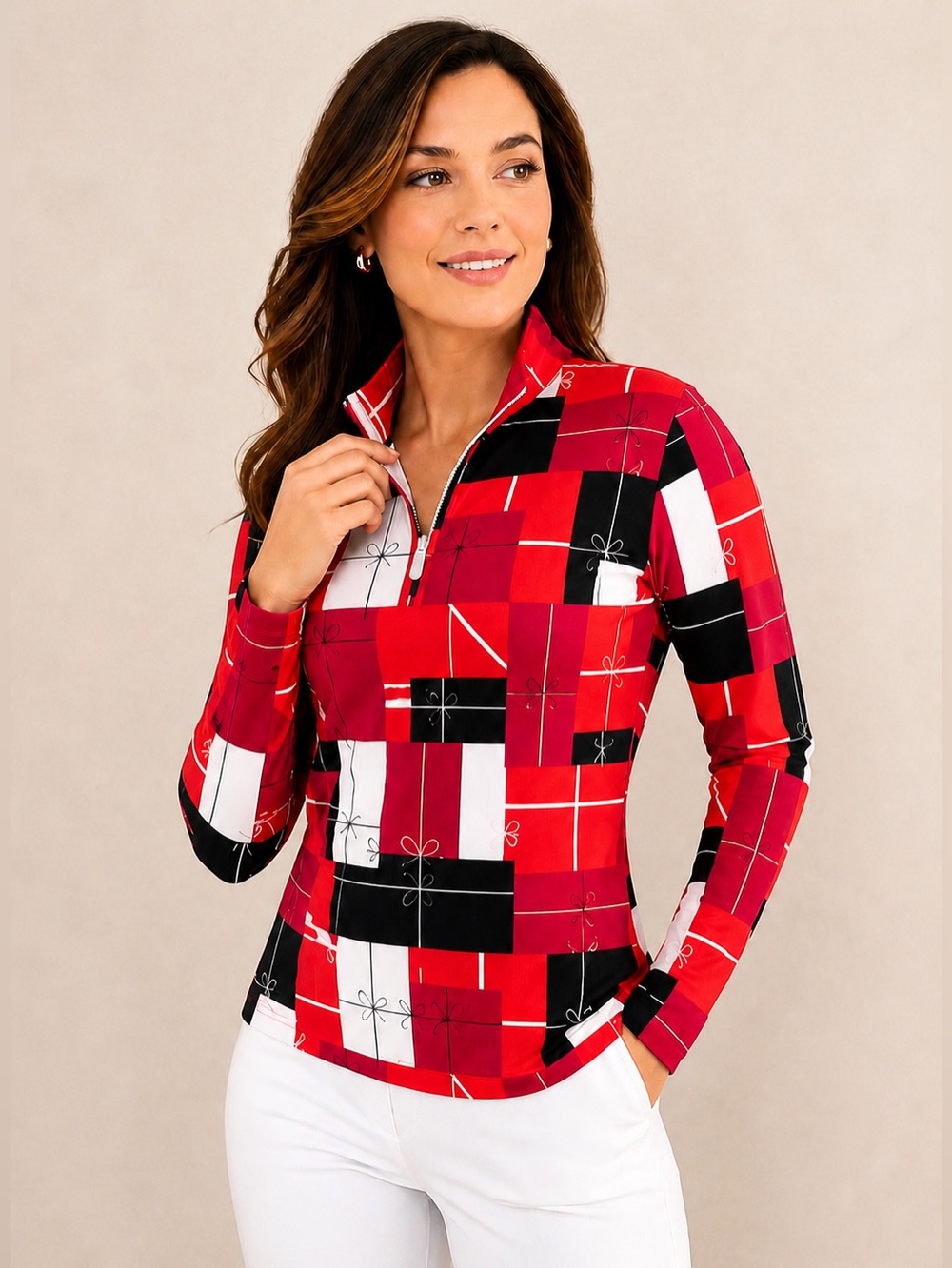 J.McLaughlin Catalina Cloth Gift Print Quarter Zip Golf Top Pink Black M